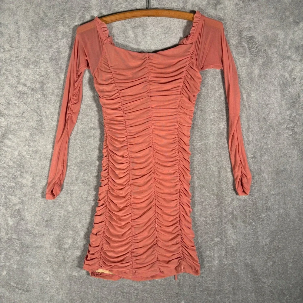 Majorelle Mini Jardin Dress Size S Pink‎ Ruched Mesh Lace Up Long Sleeve Bodycon - Picture 2 of 14